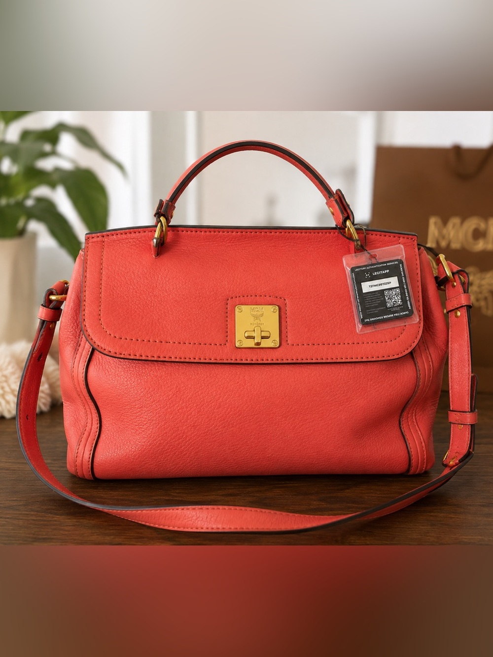 MCM Coral Pebbled Leather Turn Lock Satchel Shoulder Bag Authenticated